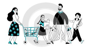 Family on shopping. Shop market, people buying in retail stores. Supermarket customers, happy decent grocery consumer