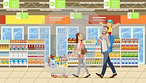 Family shopping in supermarket with product cart. Fun cartoon characters. Parents and child at shop