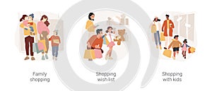 Family shopping time isolated cartoon vector illustration set.