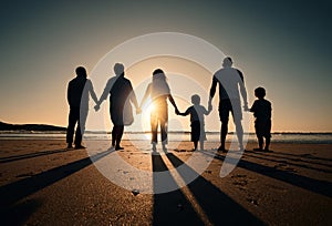 Family silhouette at beach, generations holding hands at sunset and people with love, care and support outdoor. Travel