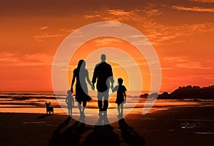 Family silhouette standing at the beach sunset, father, mother, daughter, walk, have fun at beautiful beach. Generative AI