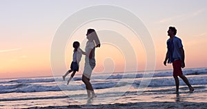Family, silhouette and sunset beach, play and summer vacation, travel and ocean in hawaii, freedom and shadow. Mother