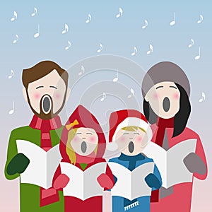 Family singing christmas carols in the snow