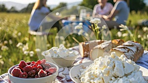 A family sits at a picnic table in a grassy field enjoying a spread of locally made dairy products. A plate of creamy