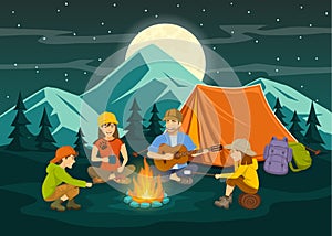 Family sitting around campfire and tent, night scene photo