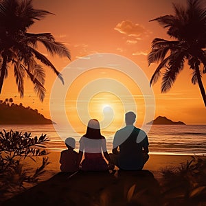 Family sitting on beach at sunset