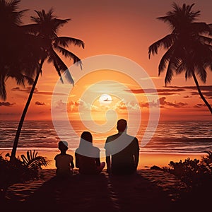 Family sitting on beach at sunset