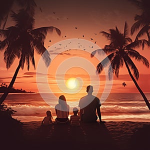 Family sitting on beach at sunset