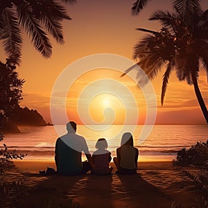 Family sitting on beach at sunset