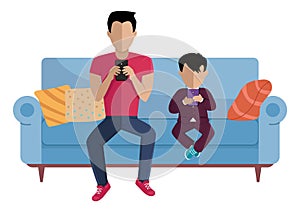 The family is sitting on the couch. Man and his son are chatting with smartphones in their hands
