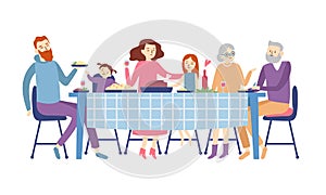 Family sitting at dining table. People eat festive food, holiday talking and family dinner reunion vector illustration