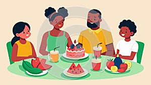 A family sitting down to a feast of traditional Juneteenth dishes such as red velvet cake and watermelon as they honor