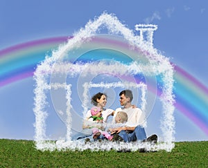 Family sitting in dream house and rainbow collage