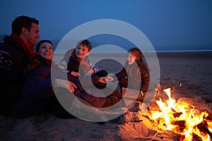 Family Sitting By Fire On Winter Beach