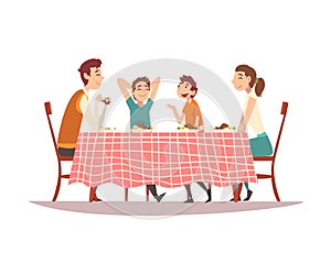 Family Sitting at Kitchen Table with Red Checkered Tablecloth, Happy Parents and Children Eating and Talking to Each