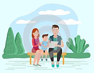 Family Sitting ob Bench Reading Together Vector