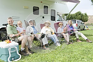 Family Sitting Outside RV Home photo