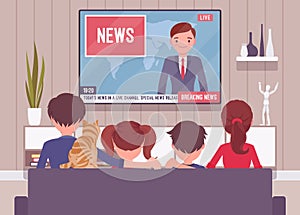 Family sitting watching together TV news at home