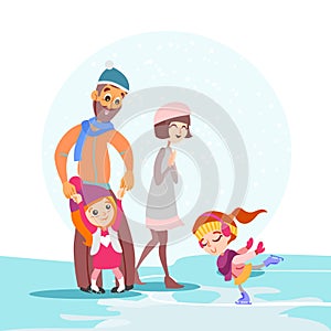 Family skating together on ice rink in winter.