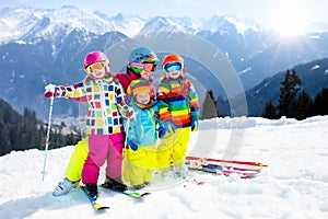 Family ski vacation. Winter snow sport for kids.