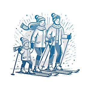 Family of Skiers. Vector Cartoon Illustration on White Background