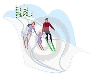 Family skiing flat vector illustration