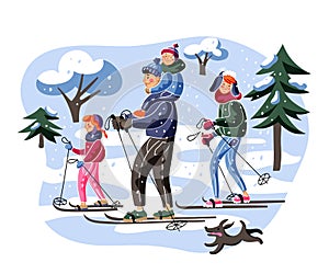 Family skiing flat vector illustration