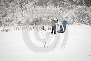 Family skiing going through the winter forest