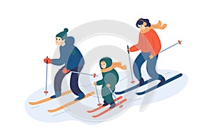 Family skiing together flat vector illustration. Happy parents and child enjoying winter sport cartoon characters