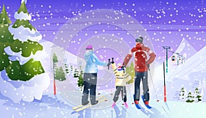 family skiing tourists doing activities winter vacation concept snowfall landscape background