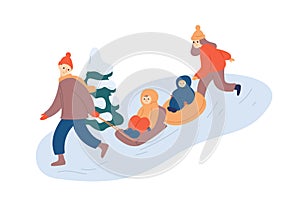 Family sledging fun flat vector illustration. Parents sledding with kids cartoon characters. Winter season outdoor