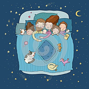 The family sleep in bed. Cartoon mom, dad and babies. Sweet Dreams. Good night. Bed linen. Funny pets. Illustration for