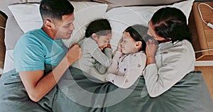 Family, sleeping and bed with children in top view for bond or to relax in home with care. Love, kid and parents