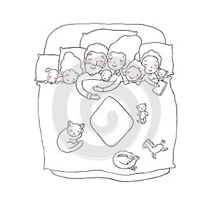 The family sleeps in bed. Cartoon mom, dad and babies.