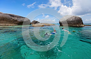 Family snorkeling at tropical water