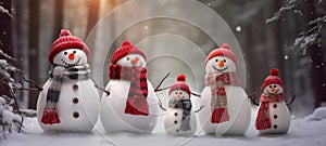 family snowman with scarf in snow forest greeting card Xmas Christmas, ai