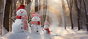 family snowman with scarf in snow forest greeting card Xmas Christmas, ai