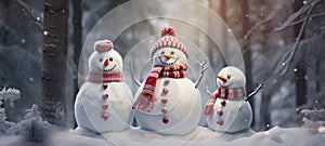 family snowman with scarf in snow forest greeting card Xmas Christmas, ai