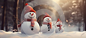 family snowman with scarf in snow forest greeting card Xmas Christmas, ai