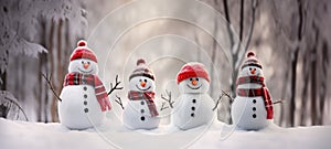 family snowman with scarf in snow forest greeting card Xmas Christmas, ai