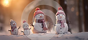 family snowman with scarf in snow forest greeting card Xmas Christmas, ai
