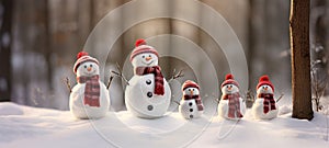 family snowman with scarf in snow forest greeting card Xmas Christmas, ai