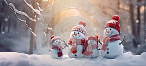 family snowman with scarf in snow forest greeting card Xmas Christmas, ai