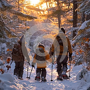 Family snowshoe outing Winter fun and exploration on snowy paths