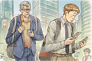 Family social communication issues, father and son ignoring each other by using cell phones, AI generative image