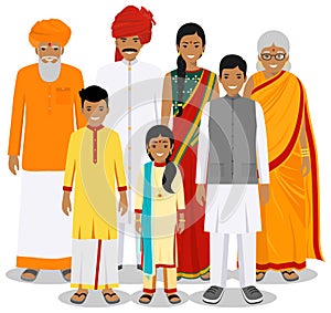 Family and social concept. Indian person generations at different ages. Set of people in traditional national clothes