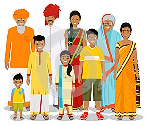 Family and social concept. Indian person generations at different ages. Set of people in traditional national clothes