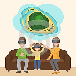 Family on sofa with googles playing virtual 3d reality tropical island simulation game. Digital entertainment vector