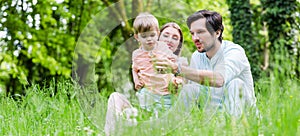 Family with son on meadow blowing dandelion seed