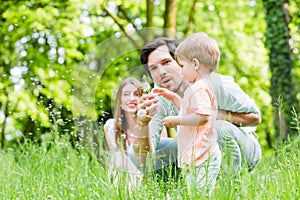 Family with son on meadow blowing dandelion seed